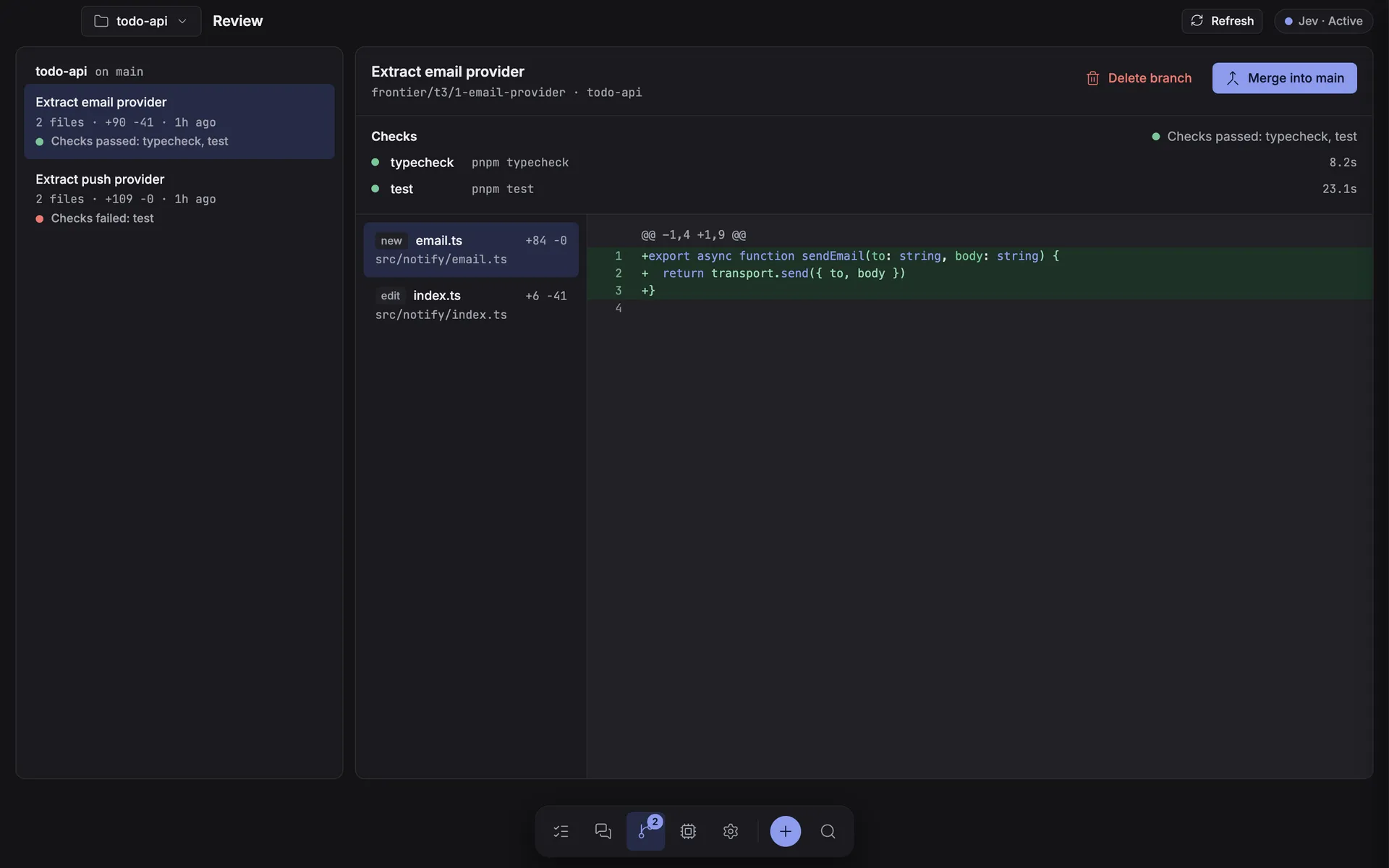 The Review screen listing frontier/* branches per repository with diffs, checks, and Merge/Delete actions behind a confirmation