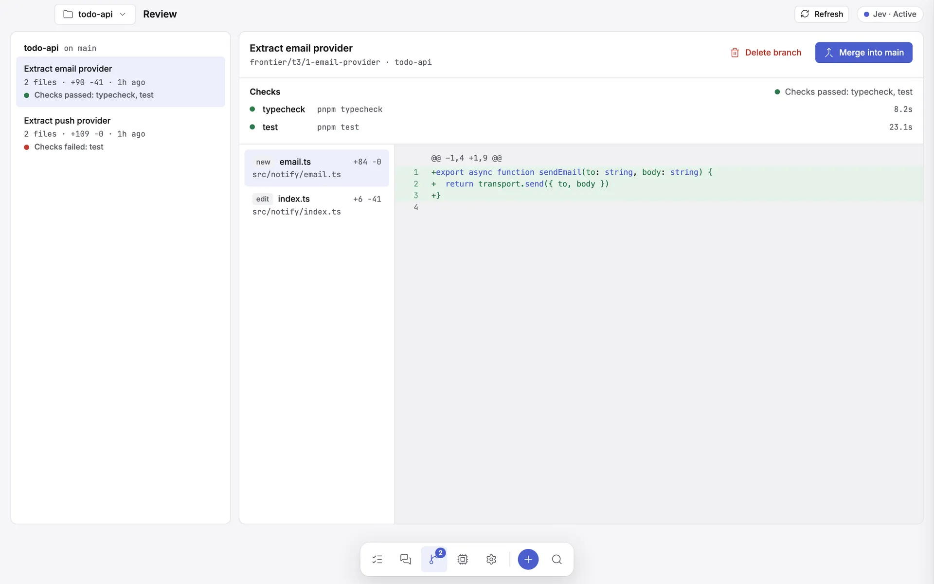 The Review screen listing frontier/* branches per repository with diffs, checks, and Merge/Delete actions behind a confirmation