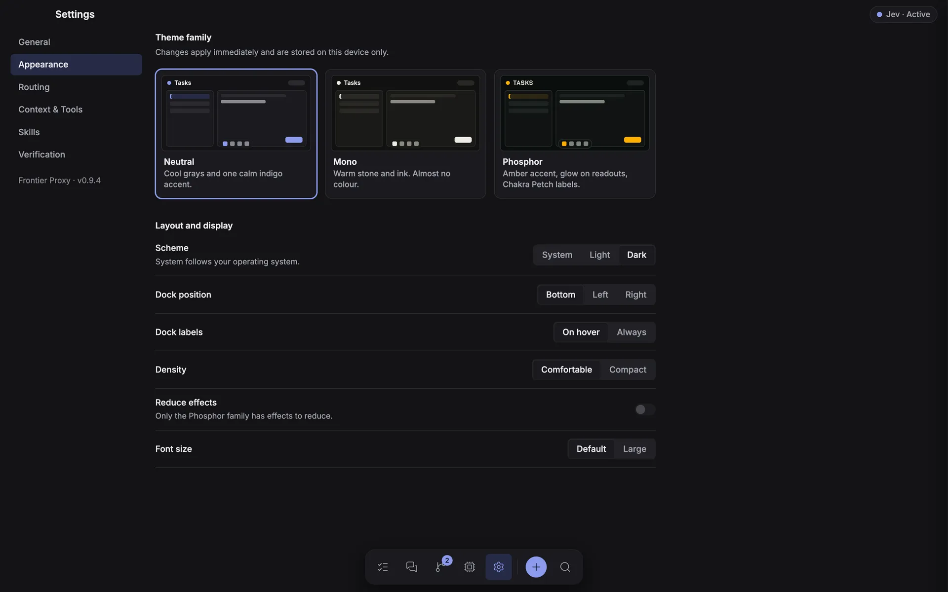 Settings, Appearance tab: three theme families (Neutral, Mono, Phosphor), and scheme, dock position, dock labels, density, and font size controls