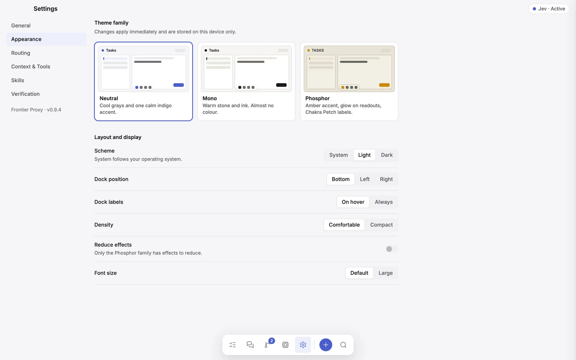 Settings, Appearance tab: three theme families (Neutral, Mono, Phosphor), and scheme, dock position, dock labels, density, and font size controls