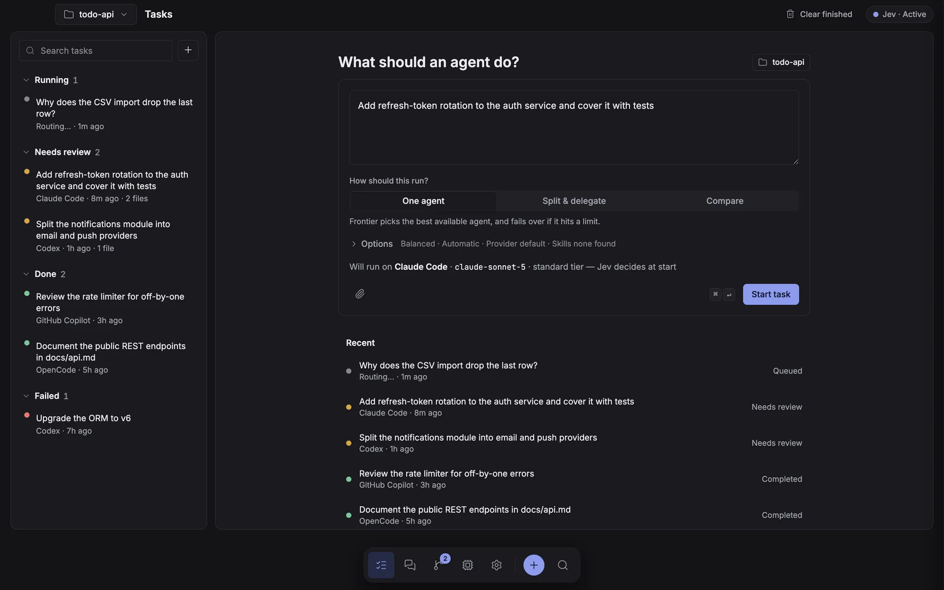 Tasks in compose state: a prompt box, a One agent / Split & delegate / Compare control, and a one-line route preview naming the agent, model, and tier before the task is sent