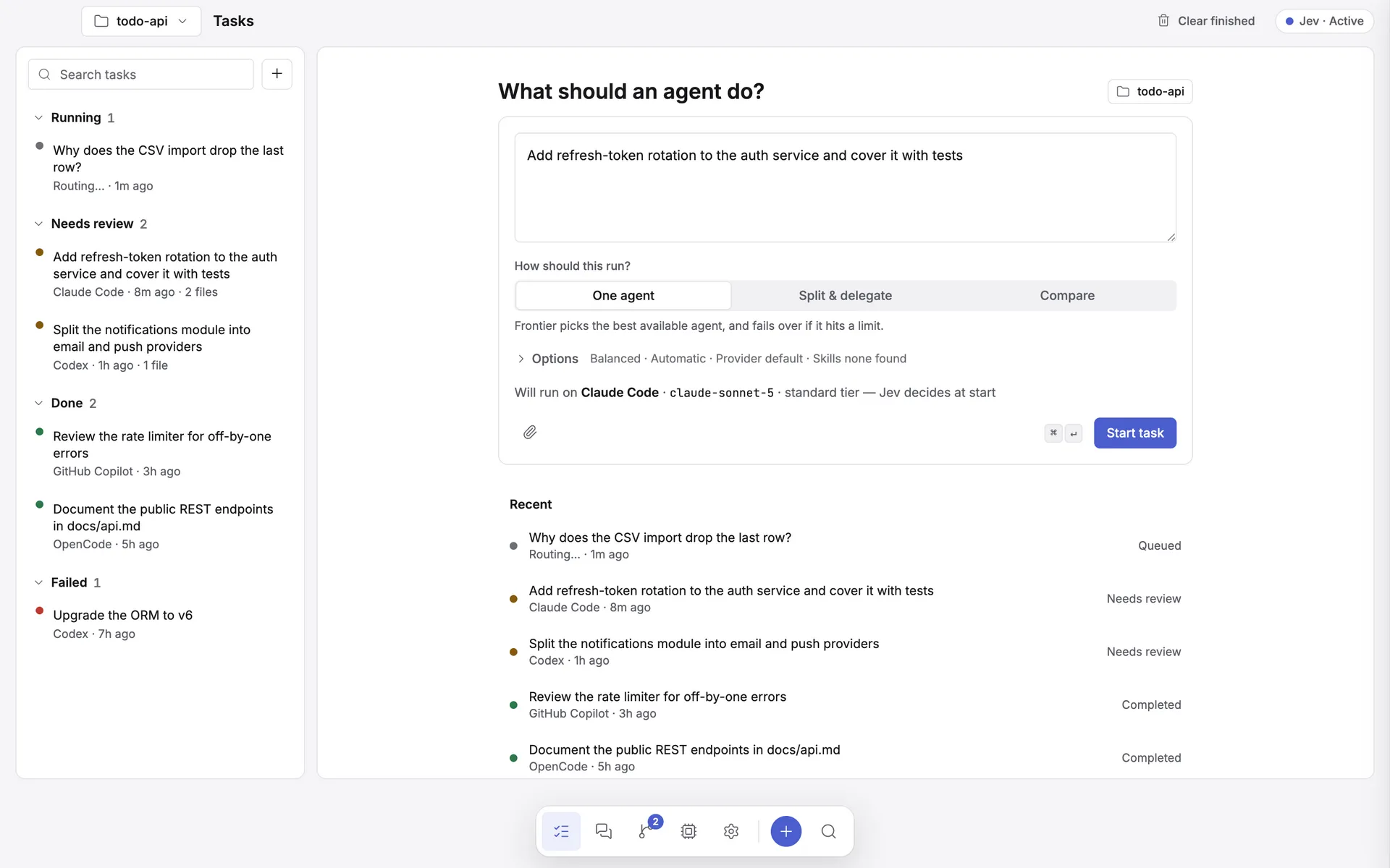 Tasks in compose state: a prompt box, a One agent / Split & delegate / Compare control, and a one-line route preview naming the agent, model, and tier before the task is sent