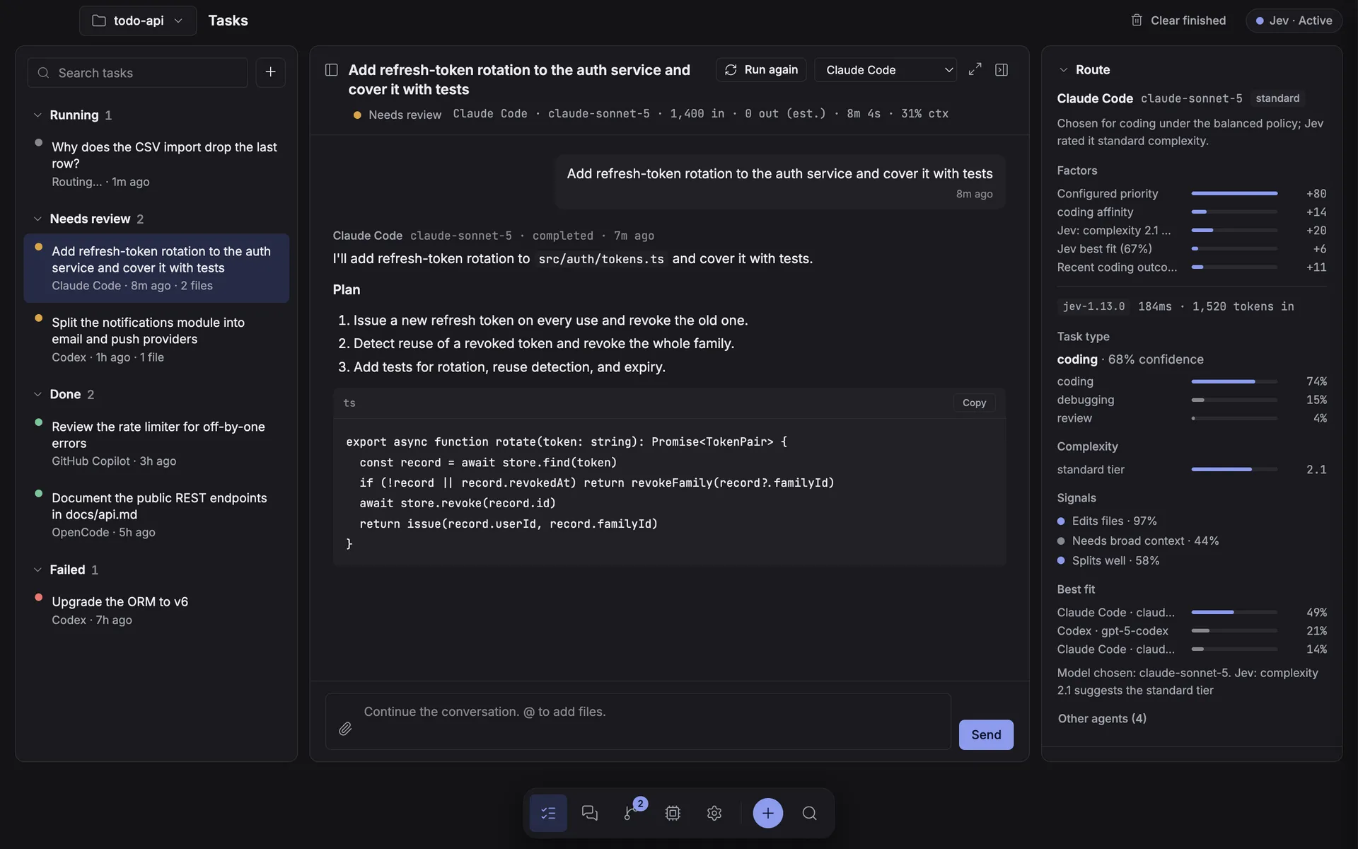 The Frontier Proxy desktop app's Tasks screen: a work queue on the left, a conversation in the centre, and a route inspector open on the right showing the agent, model, and Jev's reasoning