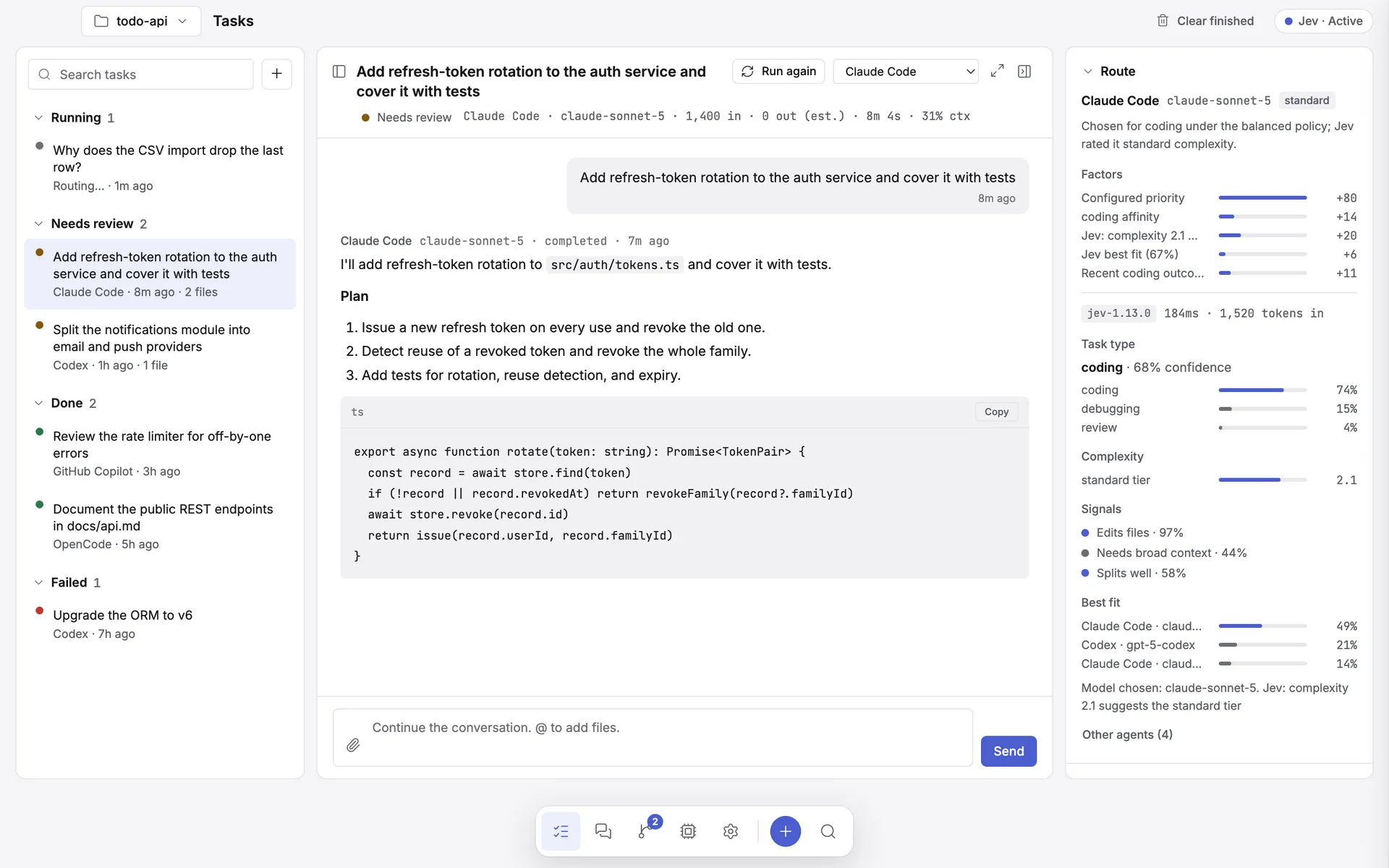 The Frontier Proxy desktop app's Tasks screen: a work queue on the left, a conversation in the centre, and a route inspector open on the right showing the agent, model, and Jev's reasoning